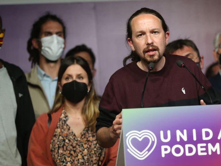 MADRID, SPAIN - MAY 04: The candidate of Unidas Podemos to the presidency of the Community of Madrid and secretary general of Podemos, Pablo Iglesias, during a press conference after voting on election day, on 4 May, 2021 in Madrid, Spain. Iglesias announced tonight that he leaves all positions in his party and will not pick up the deputy deputy in the Assembly of Madrid. (Photo By I.Infantes.POOL/Europa Press via Getty Images)
