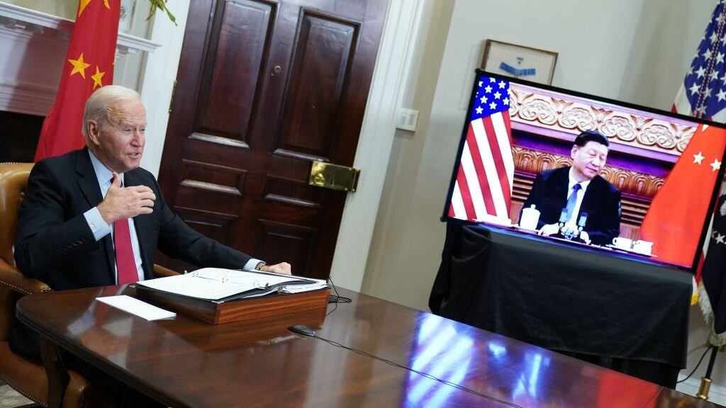 US President Joe Biden meets with China's President Xi Jinping during a virtual summit from the Roosevelt Room of the White House in Washington, DC, November 15, 2021. (Photo by MANDEL NGAN / AFP) (Photo by MANDEL NGAN/AFP via Getty Images)