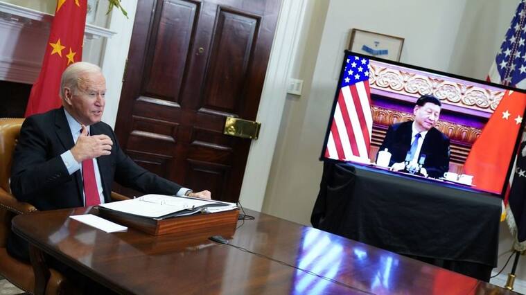 US President Joe Biden meets with China's President Xi Jinping during a virtual summit from the Roosevelt Room of the White House in Washington, DC, November 15, 2021. (Photo by MANDEL NGAN / AFP) (Photo by MANDEL NGAN/AFP via Getty Images)