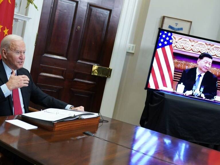 US President Joe Biden meets with China's President Xi Jinping during a virtual summit from the Roosevelt Room of the White House in Washington, DC, November 15, 2021. (Photo by MANDEL NGAN / AFP) (Photo by MANDEL NGAN/AFP via Getty Images)