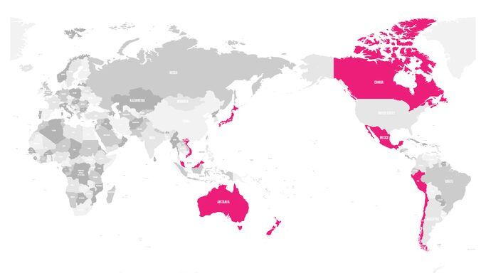 Map of Comprehensive and Progressive Agreement for Trans-Pacific Partnership, CPTPP or TPP11. Pink highlighted member states. Vector illustration.
