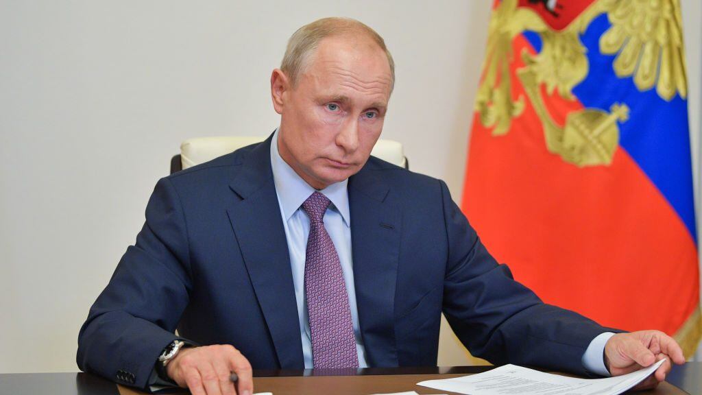 MOSCOW REGION, RUSSIA - JULY 2, 2020: Russia's President Vladimir Putin holds a video conference meeting of the Pobeda [Victory] Russian Organizing Committee at Novo-Ogaryovo residence. Alexei Druzhinin/Russian Presidential Press and Information Office/TASS (Photo by Alexei DruzhininTASS via Getty Images)
