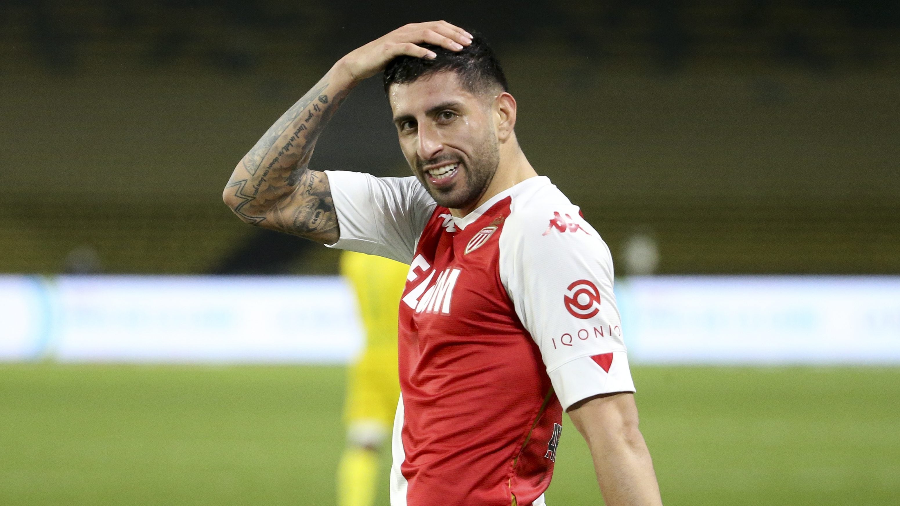 NANTES, FRANCE - JANUARY 31: Guillermo Maripan of Monaco celebrates his goal during the Ligue 1 match between FC Nantes and AS Monaco at Stade de la Beaujoire on January 31, 2021 in Nantes, France. (Photo by John Berry/Getty Images)