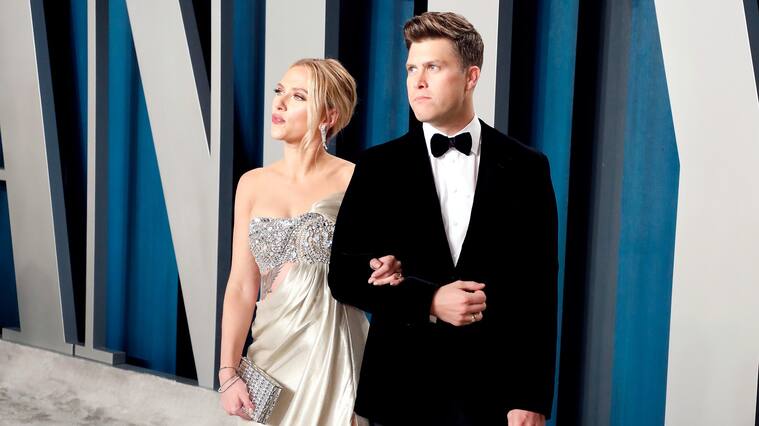 BEVERLY HILLS, CALIFORNIA - FEBRUARY 09: Scarlett Johansson and Colin Jost attend the Vanity Fair Oscar Party at Wallis Annenberg Center for the Performing Arts on February 09, 2020 in Beverly Hills, California. (Photo by Taylor Hill/FilmMagic,)