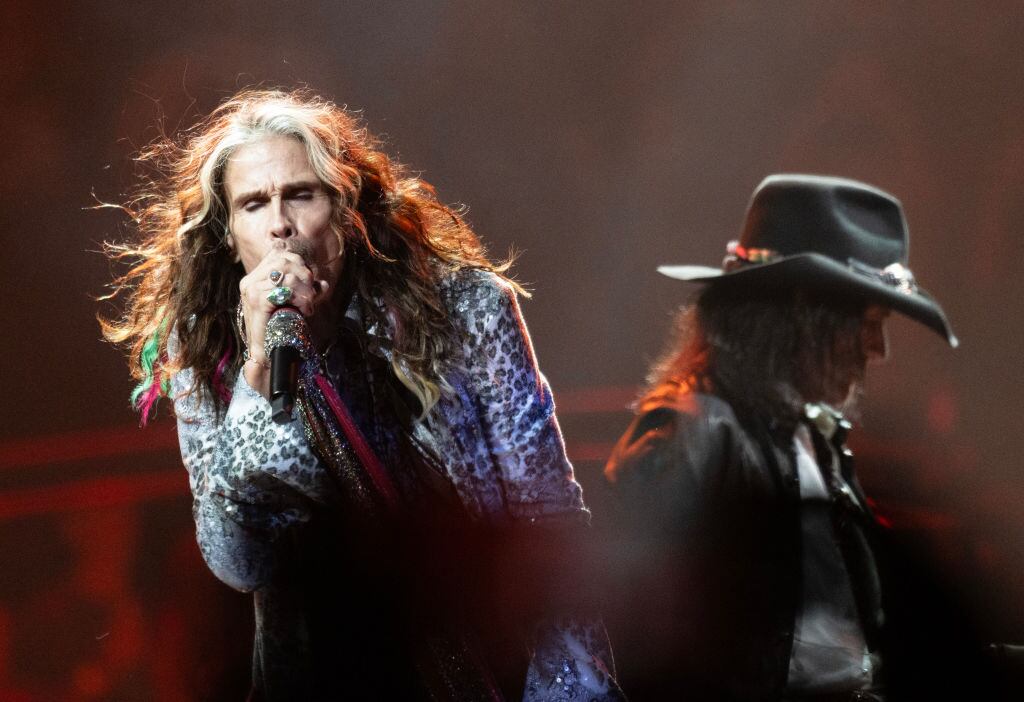 PHILADELPHIA, PENNSYLVANIA - SEPTEMBER 02: (L-R) Steven Tyler and Joe Perry of Aerosmith perform live on stage at the Wells Fargo Center on September 02, 2023 in Philadelphia, Pennsylvania. (Photo by Lisa Lake/Getty Images)