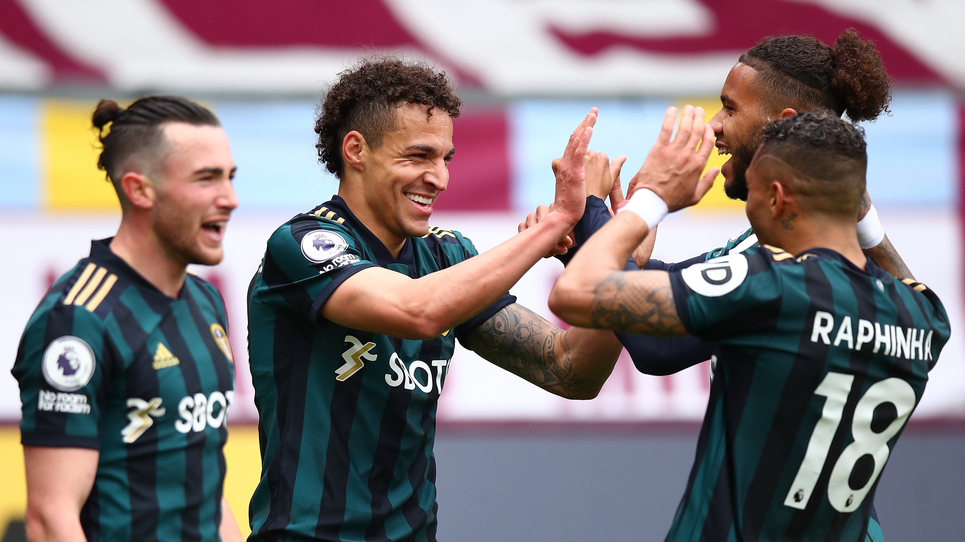 BURNLEY, ENGLAND - MAY 15: Rodrigo of Leeds United celebrates after scoring a goal to make it 0-4 during the Premier League match between Burnley and Leeds United at Turf Moor on May 15, 2021 in Burnley, United Kingdom. Sporting stadiums around the UK remain under strict restrictions due to the Coronavirus Pandemic as Government social distancing laws prohibit fans inside venues resulting in games being played behind closed doors. (Photo by Robbie Jay Barratt - AMA/Getty Images)