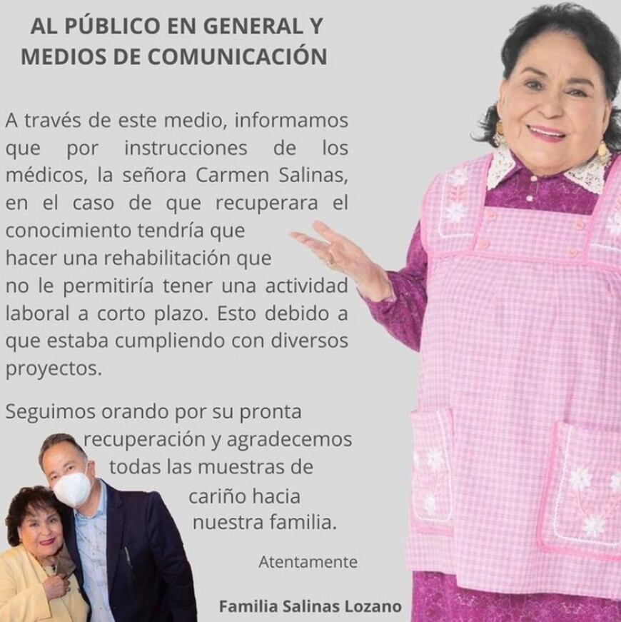 Reconocida actriz mexicana Carmen Salina no ha despertado del coma tras sufrir hemorragia cerebral