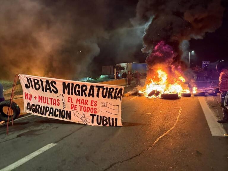 Pescadores artesanales se manifiestan por extracción de jibia: bloquearon Ruta 160 con barricadas incendiarias