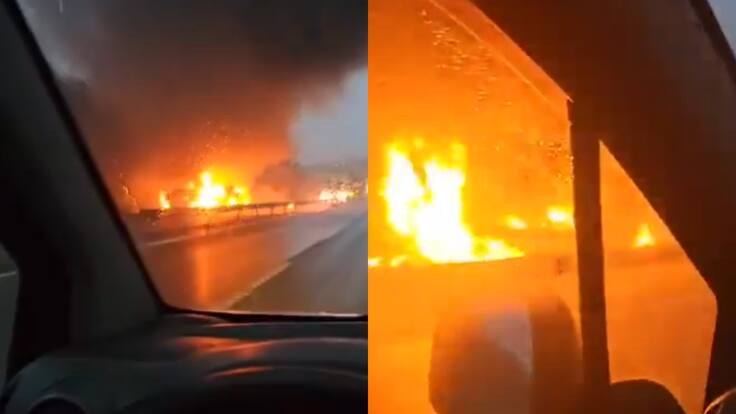Camión se incendia en Ruta del Itata: imágenes muestras como conductor logra espacar de las llamas