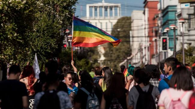 Osorno, Chile. 16 march 2019. Members of social organizations and communities of gays, lesbians, transsexuals and heterosexuals demonstrated to commemorate sexual diversity and protest against the latest homophobic and lesbophobic attacks in Chile. In the city of Puerto Montt a member of the LGBT community was murdered and in the city of Santiago two hooded men beat and drew a swastika on the arm of a young transexual in Osorno, Chile. (Photo by Fernando Lavoz/NurPhoto via Getty Images)