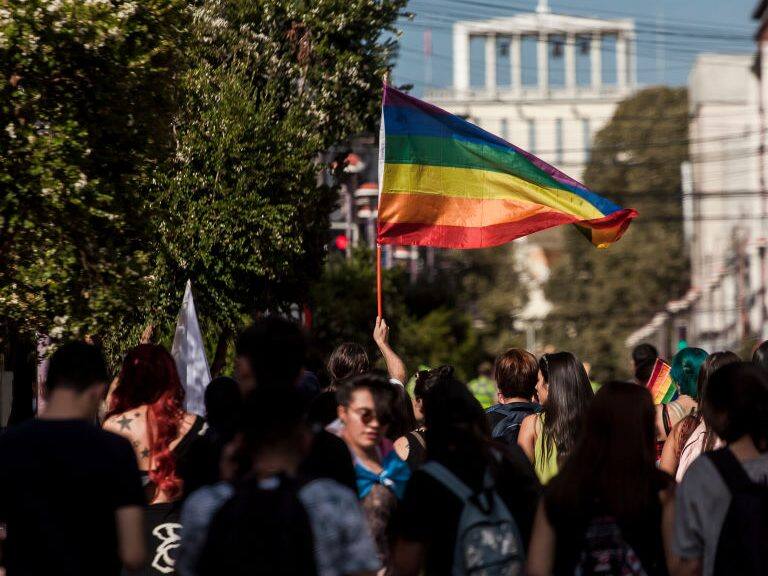Osorno, Chile. 16 march 2019. Members of social organizations and communities of gays, lesbians, transsexuals and heterosexuals demonstrated to commemorate sexual diversity and protest against the latest homophobic and lesbophobic attacks in Chile. In the city of Puerto Montt a member of the LGBT community was murdered and in the city of Santiago two hooded men beat and drew a swastika on the arm of a young transexual in Osorno, Chile. (Photo by Fernando Lavoz/NurPhoto via Getty Images)