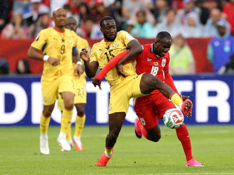 TORONTO, ONTARIO - JUNE 17: Cecilio Waterman #18 of Panama and Elisha Owusu #15 of Ghana compete for the ball during the FIFA World Cup 2026 Group L match between Ghana and Panama at Toronto Stadium on June 17, 2026 in Toronto, Ontario. (Photo by Darrian Traynor/Getty Images)