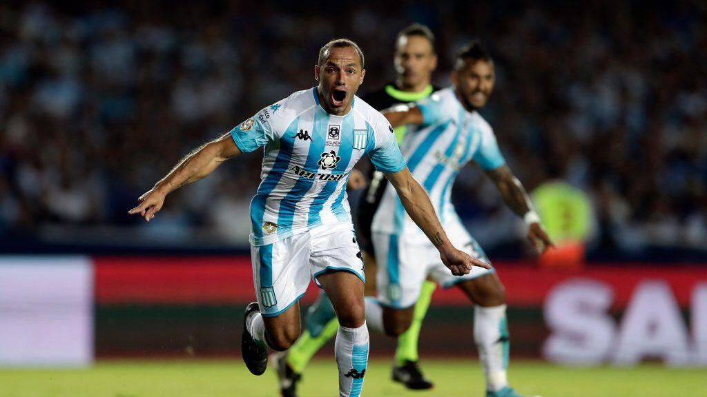 AVELLANEDA, ARGENTINA - FEBRUARY 09: Marcelo Diaz of Racing Club celebrates after scoring his side's first goal during a match between Racing Club and Independiente as part of Superliga 2019/20 at Presidente Peron Stadium on February 9, 2020 in Avellaneda, Argentina. (Photo by Gustavo Ortiz/Jam Media/Getty Images)