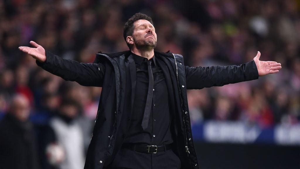 MADRID, SPAIN - JANUARY 16: Diego Simeone, Manager of Club Atletico de Madrid looks dejected during the Copa del Rey Round of 16 match between Atletico Madrid and Girona at Wanda Metropolitano on January 16, 2019 in Madrid, Spain. (Photo by Denis Doyle/Getty Images)