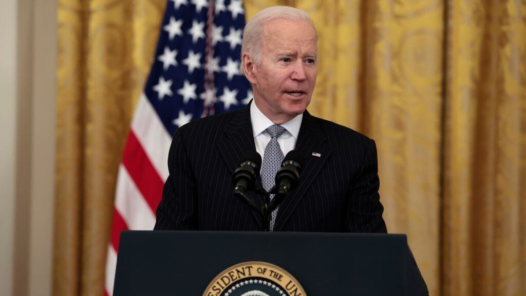 WASHINGTON, DC - FEBRUARY 02: U.S. President Joe Biden gives remarks during a Cancer Moonshot initiative event in the East Room of the White House on February 02, 2022 in Washington, DC. During the event, President Biden announced the administration’s new goals for the initiative that includes reducing the death rate from cancer over the next 25 years and improving the quality of life for people who have survived cancer or are living with it. The initiative was started by Biden when he was the Vice President in 2016. (Photo by Anna Moneymaker/Getty Images)