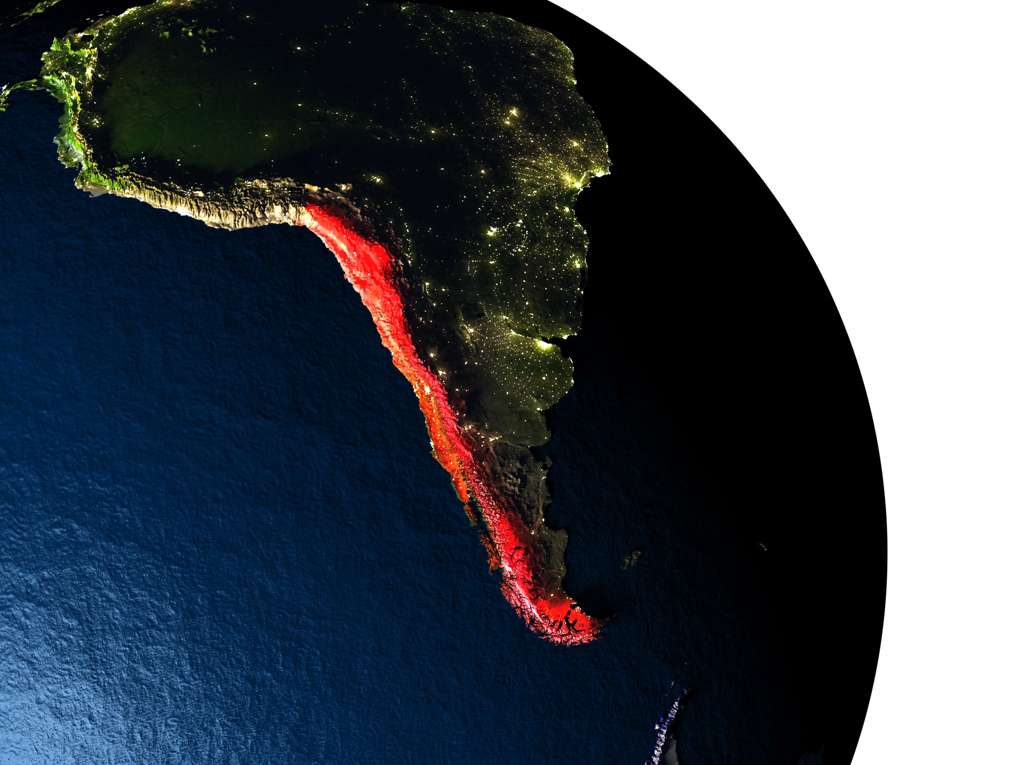 Chile highlighted in red on model of planet Earth with very detailed land surface and visible city lights. 3D illustration. 3D model of planet created and rendered in Cheetah3D software, 7 Mar 2017. Some layers of planet surface use textures furnished by NASA, Blue Marble collection: http://visibleearth.nasa.gov/view_cat.php?categoryID=1484