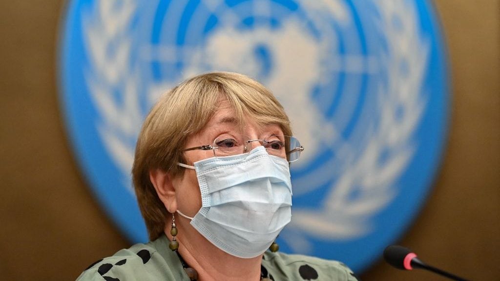 United Nations High Commissioner for Human Rights Michelle Bachelet delivers a speech on global human rights developments during a session of the Human Rights Council on June 21, 2021 in Geneva. - The UN rights chief called for "concerted action" to help recover from the worst global deterioration of rights seen in decades, highlighting situations in China, Russia and Ethiopia among others. (Photo by Fabrice COFFRINI / AFP) (Photo by FABRICE COFFRINI/AFP via Getty Images)