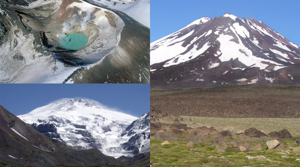 En el sentido de las agujas del reloj: Volcán Tupungatito, Volcán San José y Volcán Maipo.