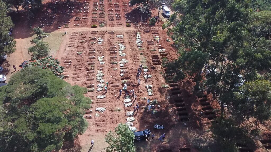 Vista aérea de víctimas del Covid-19 enterradas en el cementerio de Sao Paulo