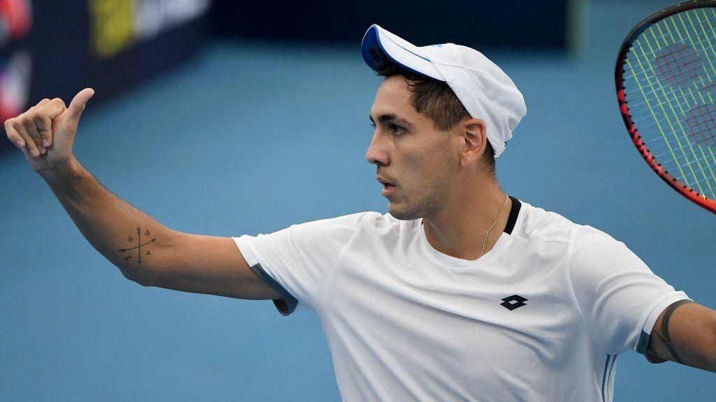 Alejandro Tabilo of Chile celebrates after winning against Viktor Durasovic of Norway during their Group A men's singles tennis match at the 2022 ATP Cup in Sydney on January 5, 2022. - -- IMAGE RESTRICTED TO EDITORIAL USE - STRICTLY NO COMMERCIAL USE -- (Photo by Muhammad FAROOQ / AFP) / -- IMAGE RESTRICTED TO EDITORIAL USE - STRICTLY NO COMMERCIAL USE -- (Photo by MUHAMMAD FAROOQ/AFP via Getty Images)