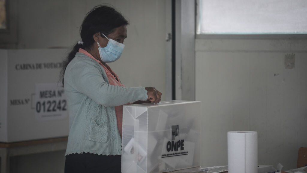 CAJAMARCA, PERU - JUNE 06: A female citizen of Cajamarca casts her vote on the day of elections between Keiko Fujimori and Pedro Castillo in Cajamarca, Peru on June 06, 2021. (Photo by Stringer/Anadolu Agency via Getty Images)