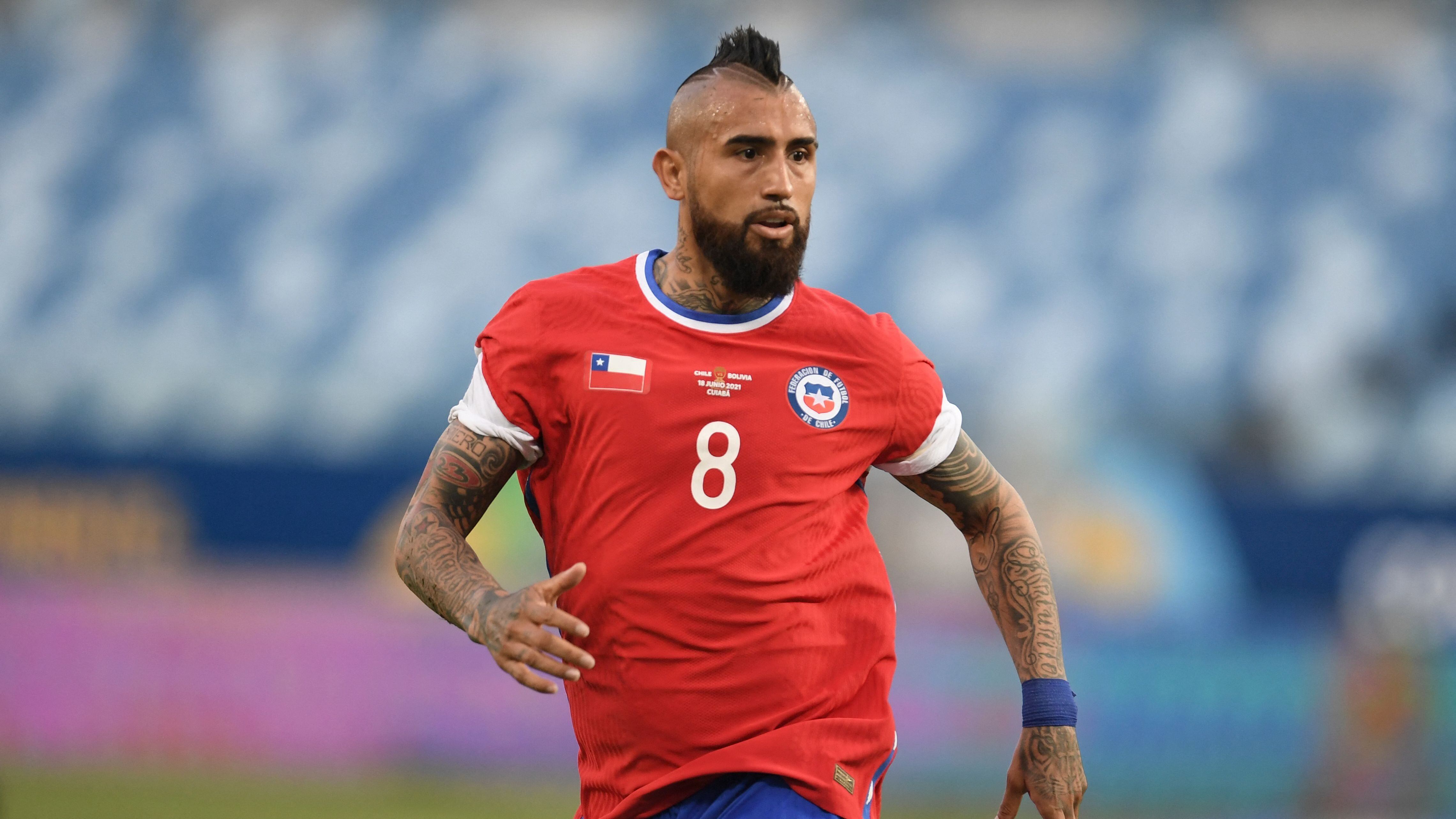 Chile's Arturo Vidal runs during the Conmebol Copa America 2021 football tournament group phase match against Bolivia at the Pantanal Arena in Cuiaba, Brazil, on June 18, 2021. (Photo by Douglas MAGNO / AFP) (Photo by DOUGLAS MAGNO/AFP via Getty Images)