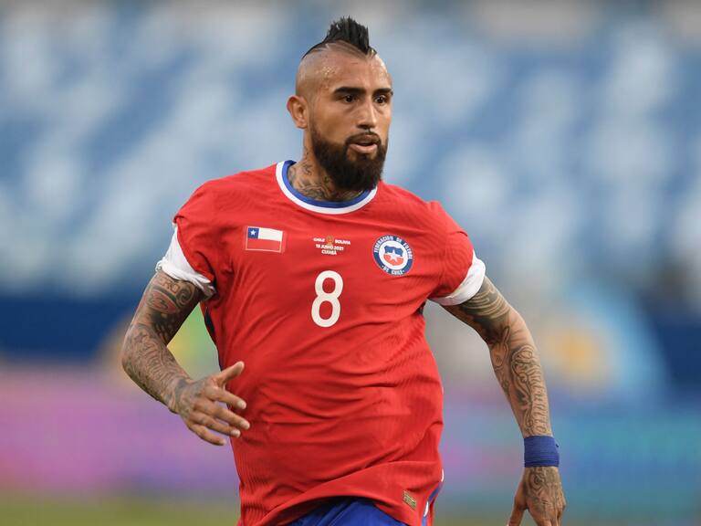 Chile's Arturo Vidal runs during the Conmebol Copa America 2021 football tournament group phase match against Bolivia at the Pantanal Arena in Cuiaba, Brazil, on June 18, 2021. (Photo by Douglas MAGNO / AFP) (Photo by DOUGLAS MAGNO/AFP via Getty Images)