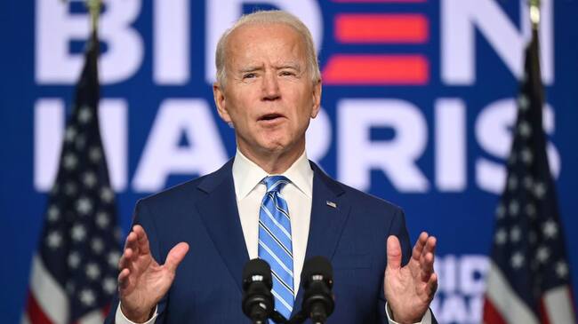 Democratic Presidential candidate Joe Biden speaks at the Chase Center in Wilmington, Delaware on November 4, 2020. - President Donald Trump and Democratic challenger Joe Biden are squaring off for what could be a legal battle for the White House, running neck-and-neck in the electoral vote count, and several battleground states still in play on November 4. (Photo by JIM WATSON / AFP) (Photo by JIM WATSON/AFP via Getty Images)