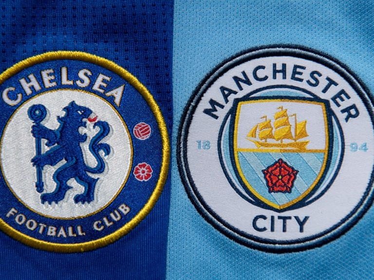 MANCHESTER, ENGLAND - APRIL 27: The Chelsea and Manchester City club crests on first team home shirts on April 27, 2020 in Manchester, England (Photo by Visionhaus)