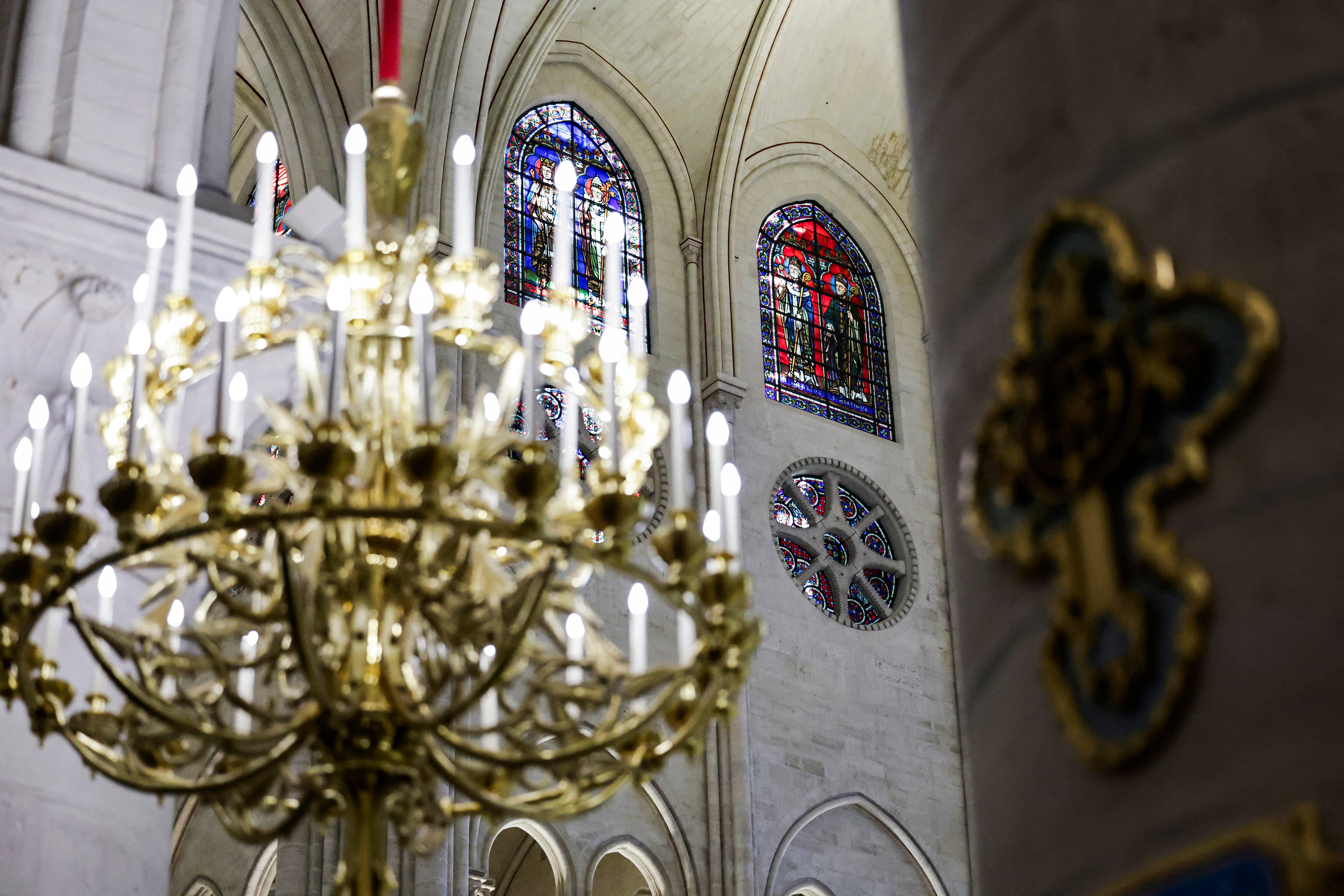 This photograph shows the inside of Notre-Dame de Paris cathedral in Paris, on November 29, 2024. The Notre-Dame Cathedral is set to re-open early December 2024, with a planned weekend of ceremonies on December 7 and 8, 2024, five years after the 2019 fire which ravaged the world heritage landmark and toppled its spire. Some 250 companies and hundreds of experts were mobilised for the five-year restoration costing hundreds of millions of euros. (Photo by STEPHANE DE SAKUTIN / POOL / AFP) (Photo by STEPHANE DE SAKUTIN/POOL/AFP via Getty Images)