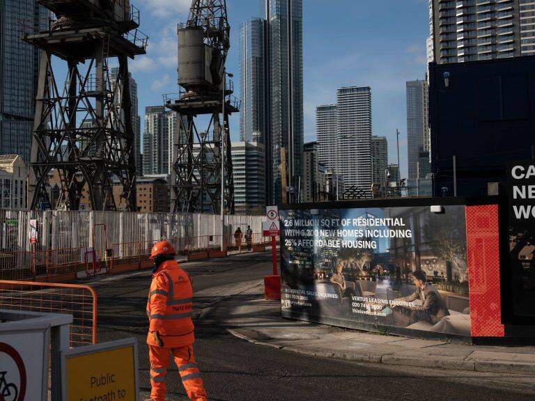 LONDON, ENGLAND - FEBRUARY 12: New housing development near the Canary Wharf business district on the Isle of Dogs on February 12, 2021 in London, England. The ONS figures released today show that the UK Economy contracted by 9.9% in 2020, the largest fall among G7 Countries last year. (Photo by Dan Kitwood/Getty Images)