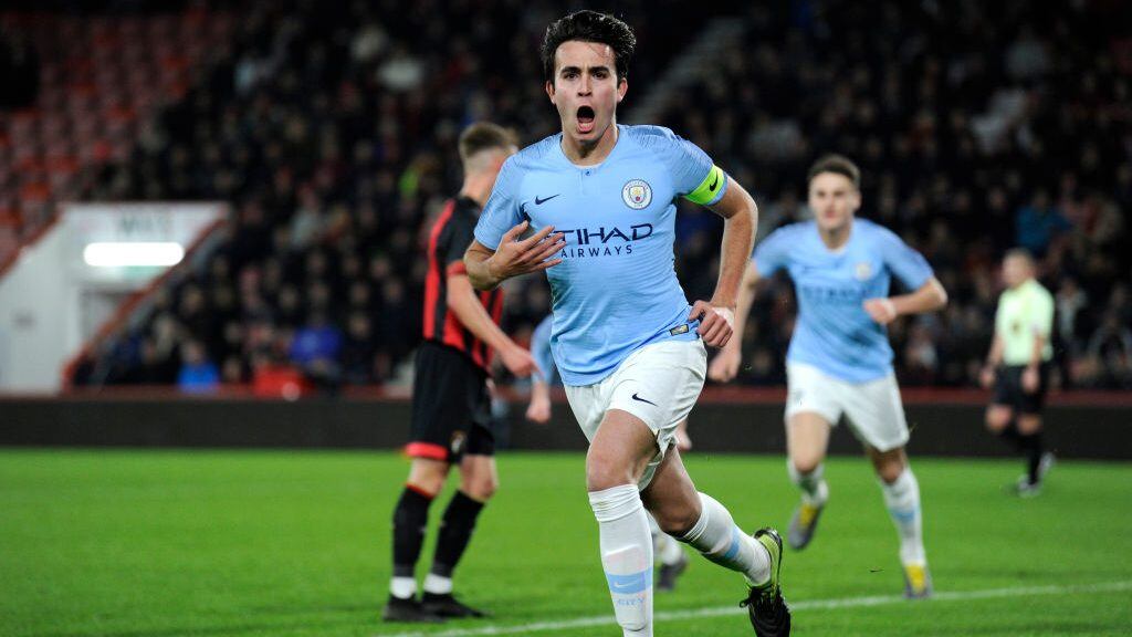 BOURNEMOUTH, ENGLAND - FEBRUARY 26: Eric Garcia of Manchester City celebrates scoring his team's second goal during the FA Youth Cup Sixth Round Match between AFC Bournemouth U18 and Manchester City U18 at Vitality Stadium on February 26, 2019 in Bournemouth, England. (Photo by Alex Burstow/Getty Images)