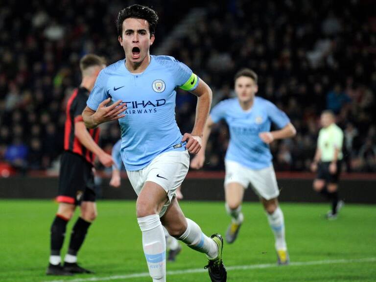 BOURNEMOUTH, ENGLAND - FEBRUARY 26: Eric Garcia of Manchester City celebrates scoring his team's second goal during the FA Youth Cup Sixth Round Match between AFC Bournemouth U18 and Manchester City U18 at Vitality Stadium on February 26, 2019 in Bournemouth, England. (Photo by Alex Burstow/Getty Images)