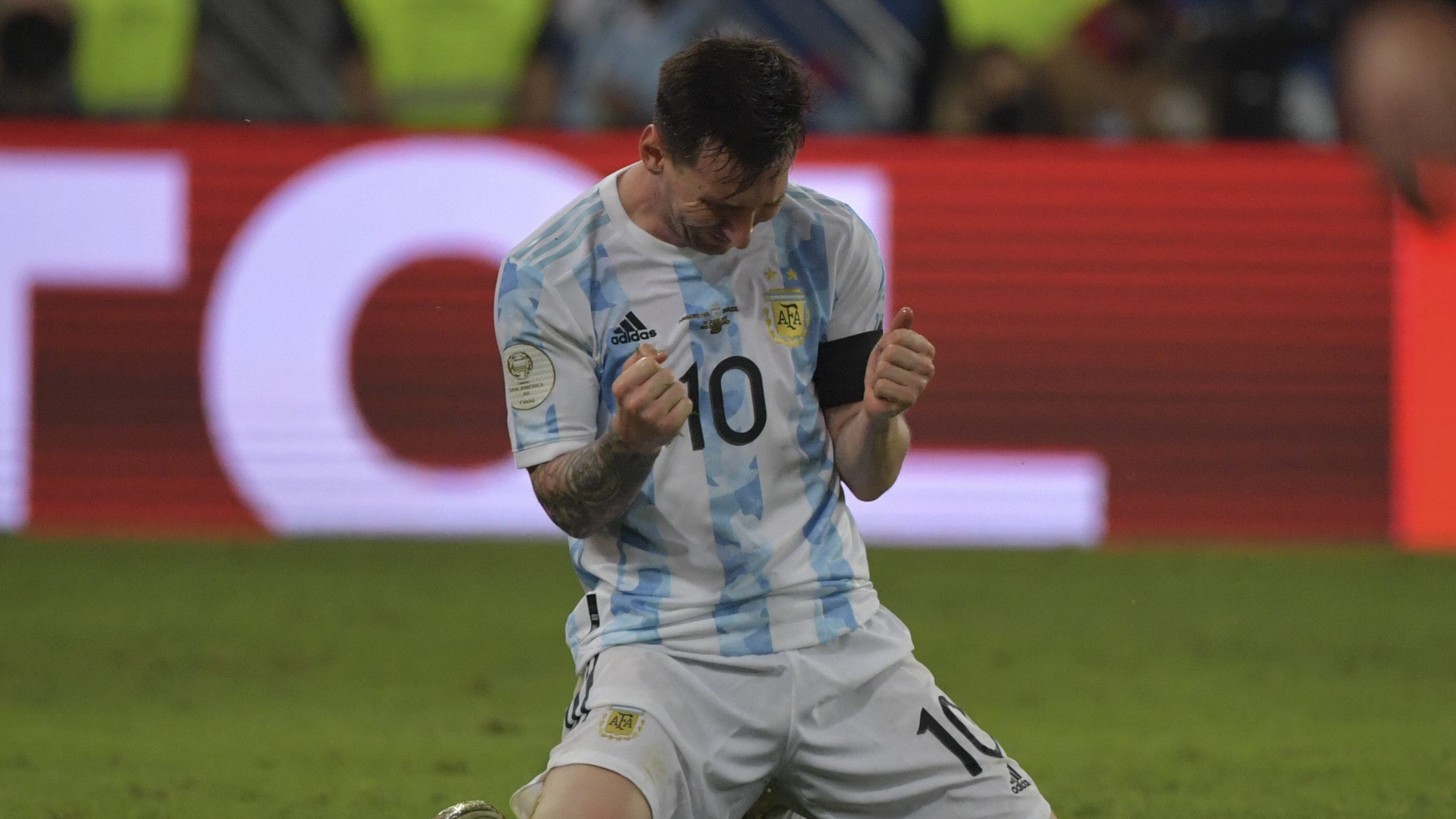 Argentina's Lionel Messi celebrates after winning the Conmebol 2021 Copa America football tournament final match against Brazil at Maracana Stadium in Rio de Janeiro, Brazil, on July 10, 2021. (Photo by NELSON ALMEIDA / AFP) (Photo by NELSON ALMEIDA/AFP via Getty Images)