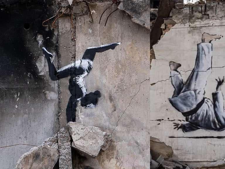 Banksy deja su marca en Ucrania pintando sobre destrozos de la guerra