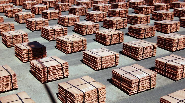 At the largest copper mine in the world, copper cathode sheets are ready for sale.