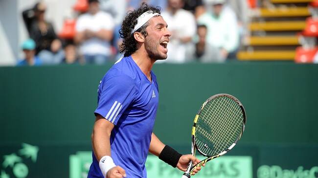 Chilean tennis player Gonzalo Lama celebrates a point over Venezuela's Ricardo Rodriguez during their Davis Cup match in Santiago on September 18, 2015. AFP PHOTO/VLADIMIR RODAS (Photo credit should read VLADIMIR RODAS/AFP via Getty Images)