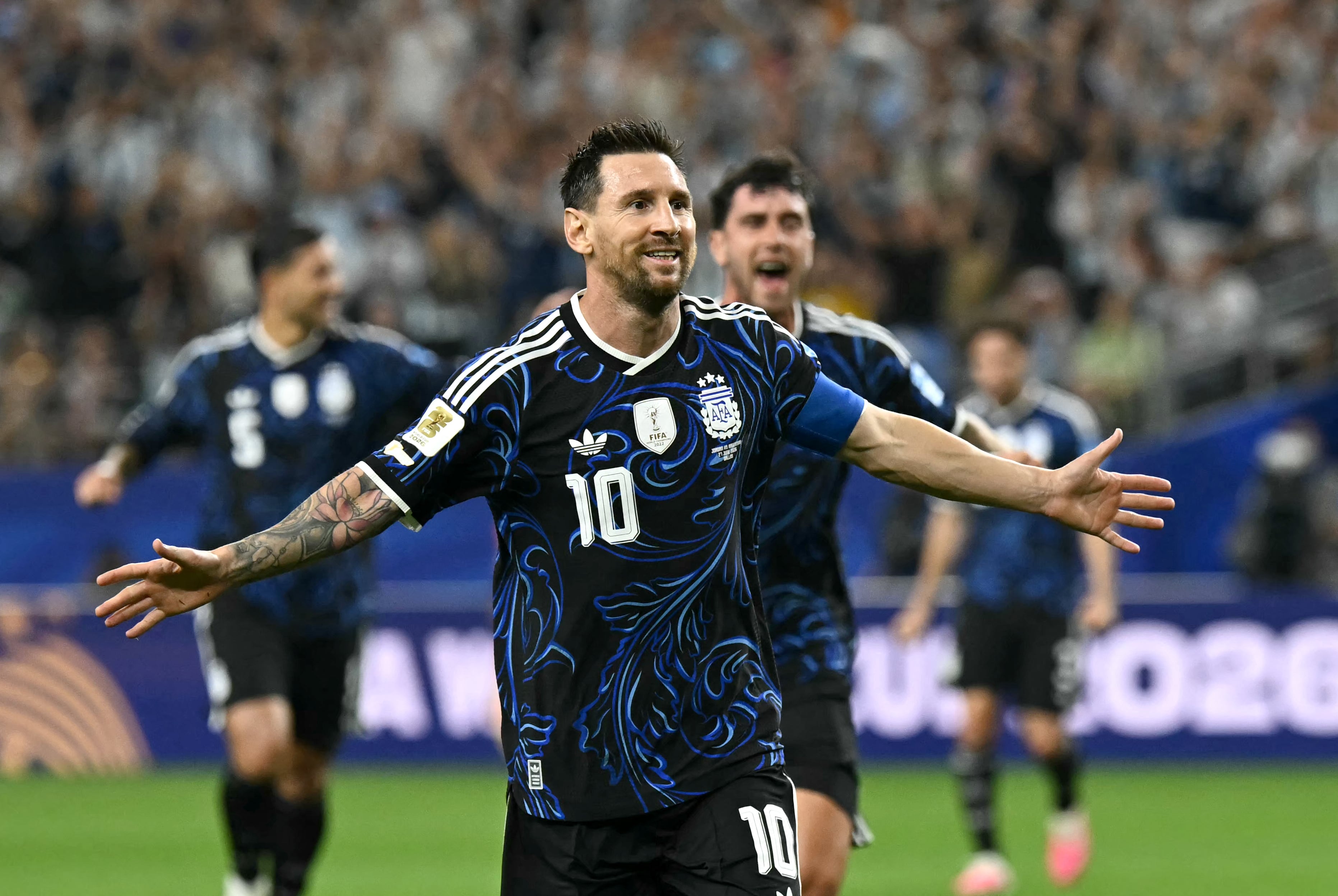 Argentina's forward #10 Lionel Messi celebrates scoring his team's third goal during the 2026 World Cup Group J football match between Jordan and Argentina at the Dallas Stadium in Arlington on June 27, 2026. (Photo by Paul ELLIS / AFP via Getty Images)