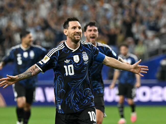 Argentina's forward #10 Lionel Messi celebrates scoring his team's third goal during the 2026 World Cup Group J football match between Jordan and Argentina at the Dallas Stadium in Arlington on June 27, 2026. (Photo by Paul ELLIS / AFP via Getty Images)