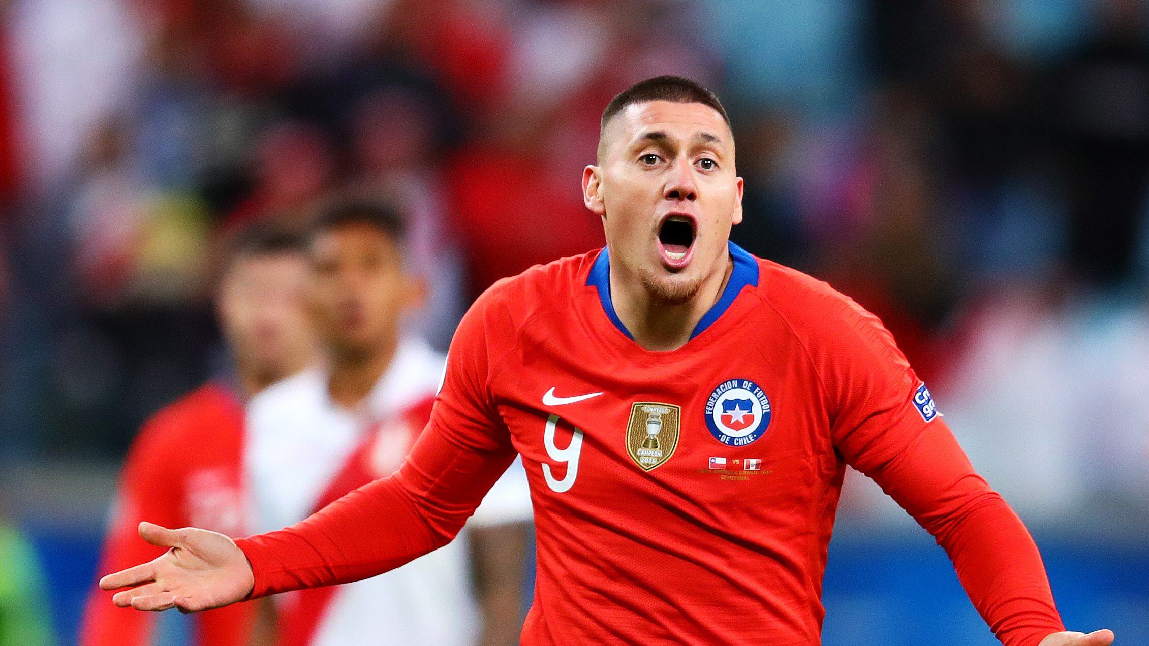PORTO ALEGRE, BRAZIL - JULY 03: Nicolas Castillo of Chile reacts during the Copa America Brazil 2019 Semi Final match between Chile and Peru at Arena do Gremio on July 03, 2019 in Porto Alegre, Brazil. (Photo by Chris Brunskill/Fantasista/Getty Images)