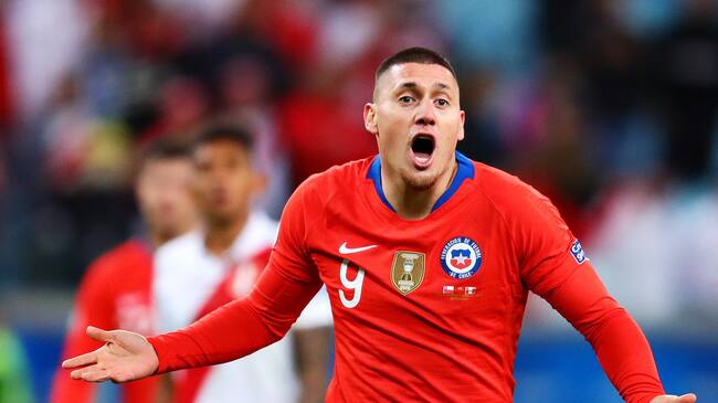 PORTO ALEGRE, BRAZIL - JULY 03: Nicolas Castillo of Chile reacts during the Copa America Brazil 2019 Semi Final match between Chile and Peru at Arena do Gremio on July 03, 2019 in Porto Alegre, Brazil. (Photo by Chris Brunskill/Fantasista/Getty Images)