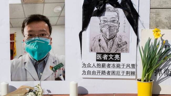 TOPSHOT - A memorial for Dr Li Wenliang, who was the whistleblower of the Coronavirus, Covid-19, that originated in Wuhan, China and caused the doctors death in that city, is pictured outside the UCLA campus in Westwood, California, on February 15, 2020. - The death toll from the new coronavirus outbreak surpassed 1,600 in China on Sunday, with the first fatality reported outside Asia fuelling global concerns. (Photo by Mark RALSTON / AFP) (Photo by MARK RALSTON/AFP via Getty Images)