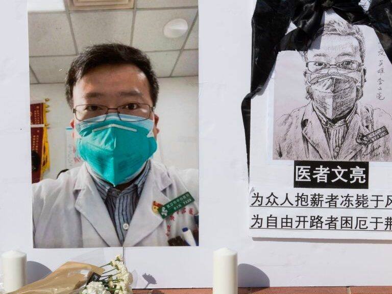 TOPSHOT - A memorial for Dr Li Wenliang, who was the whistleblower of the Coronavirus, Covid-19, that originated in Wuhan, China and caused the doctors death in that city, is pictured outside the UCLA campus in Westwood, California, on February 15, 2020. - The death toll from the new coronavirus outbreak surpassed 1,600 in China on Sunday, with the first fatality reported outside Asia fuelling global concerns. (Photo by Mark RALSTON / AFP) (Photo by MARK RALSTON/AFP via Getty Images)