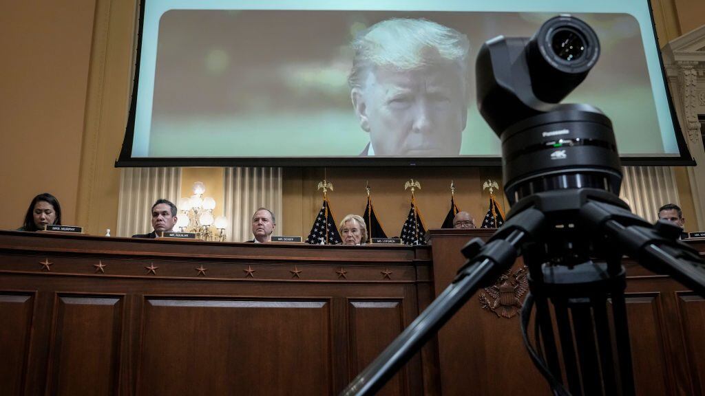 WASHINGTON, DC - JUNE 9: Former U.S. President Donald Trump is displayed on a screen during a hearing by the Select Committee to Investigate the January 6th Attack on the U.S. Capitol on June 09, 2022 in Washington, DC. The bipartisan committee, which has been gathering evidence related to the January 6 attack at the U.S. Capitol for almost a year, will present its findings in a series of televised hearings. On January 6, 2021, supporters of President Donald Trump attacked the U.S. Capitol Building during an attempt to disrupt a congressional vote to confirm the electoral college win for Joe Biden. (Photo by Drew Angerer/Getty Images)