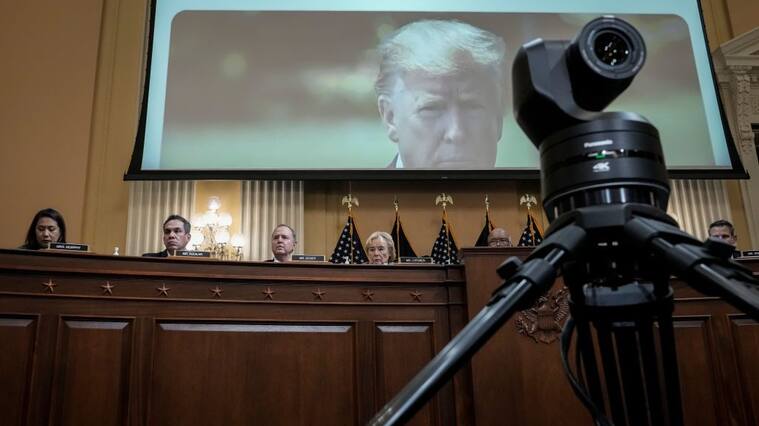 WASHINGTON, DC - JUNE 9: Former U.S. President Donald Trump is displayed on a screen during a hearing by the Select Committee to Investigate the January 6th Attack on the U.S. Capitol on June 09, 2022 in Washington, DC. The bipartisan committee, which has been gathering evidence related to the January 6 attack at the U.S. Capitol for almost a year, will present its findings in a series of televised hearings. On January 6, 2021, supporters of President Donald Trump attacked the U.S. Capitol Building during an attempt to disrupt a congressional vote to confirm the electoral college win for Joe Biden. (Photo by Drew Angerer/Getty Images)