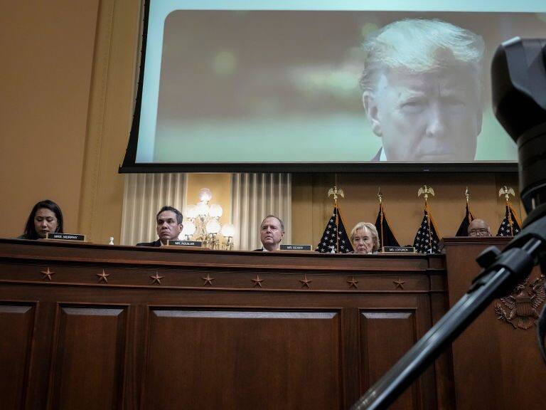 WASHINGTON, DC - JUNE 9: Former U.S. President Donald Trump is displayed on a screen during a hearing by the Select Committee to Investigate the January 6th Attack on the U.S. Capitol on June 09, 2022 in Washington, DC. The bipartisan committee, which has been gathering evidence related to the January 6 attack at the U.S. Capitol for almost a year, will present its findings in a series of televised hearings. On January 6, 2021, supporters of President Donald Trump attacked the U.S. Capitol Building during an attempt to disrupt a congressional vote to confirm the electoral college win for Joe Biden. (Photo by Drew Angerer/Getty Images)