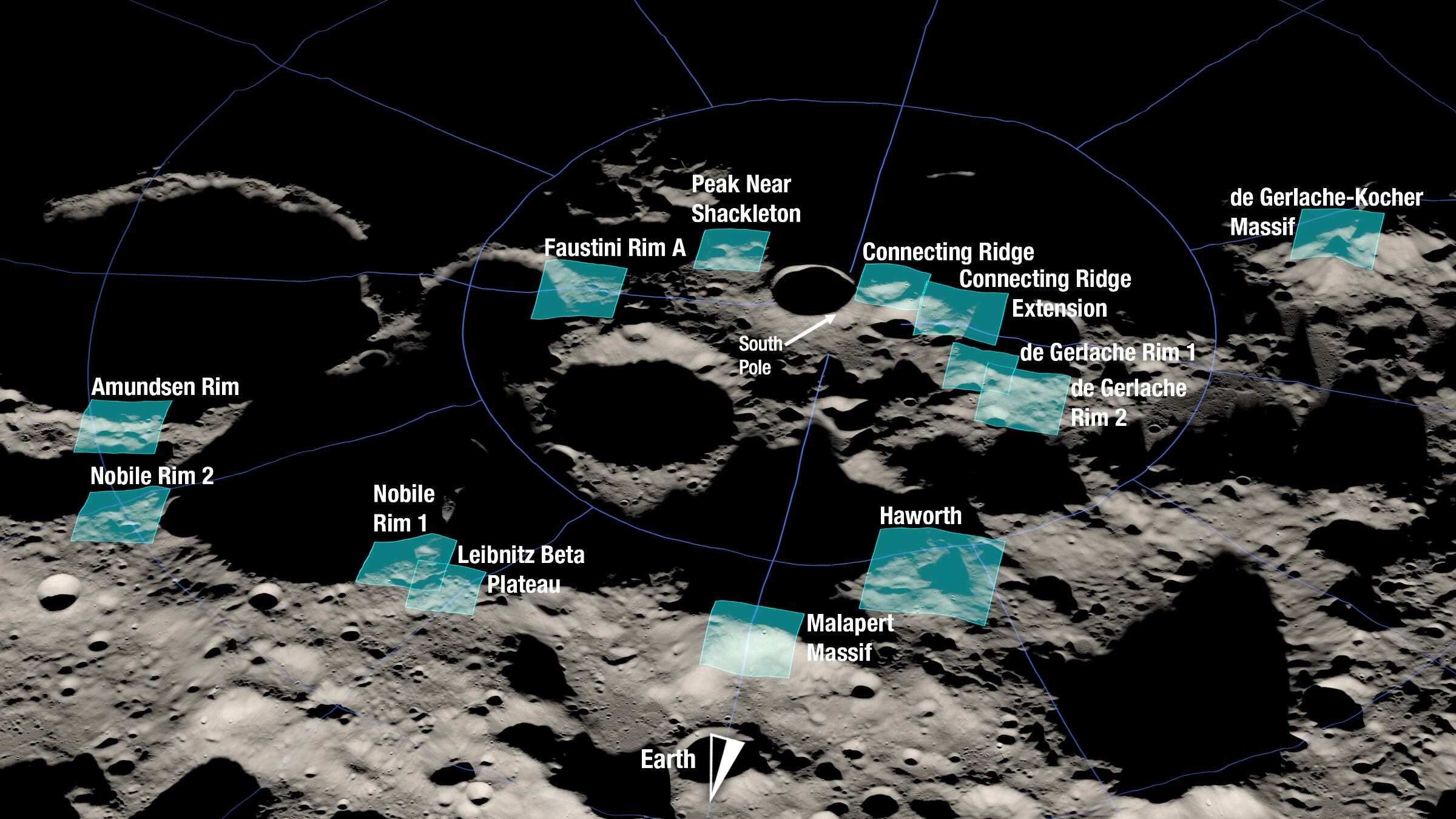 Las zonas para una eventual y futura llegada de una misión a la Luna