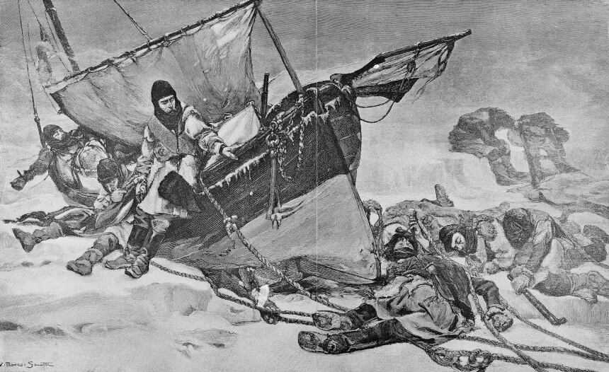 An engraving shows the end of Sir John Franklin's ill-fated Arctic expedition based on a painting by British artist W. Thomas Smith. Bettmann Archive/Getty Images