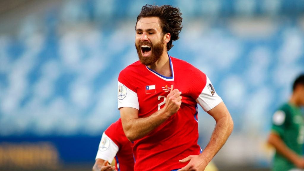 CUIABA, BRAZIL - JUNE 18: Ben Brereton of Chile celebrates after scoring the first goal of his team during a group A match between Chile and Bolivia as part of Conmebol Copa America Brazil 2021 at Arena Pantanal on June 18, 2021 in Cuiaba, Brazil. (Photo by Miguel Schincariol/Getty Images)