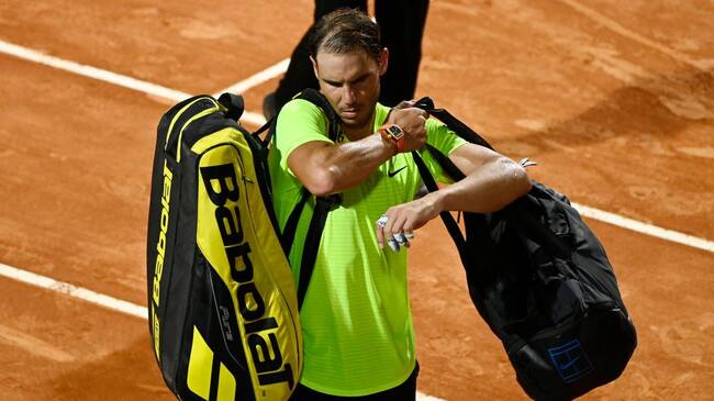 ROME, ITALY - SEPTEMBER 19: Rafael Nadal of Spain reacts as he walks off the court after defeat in his quarter-final match against Diego Schwartzman of Argentina during day six of the Internazionali BNL d'Italia at Foro Italico on September 19, 2020 in Rome, Italy. (Photo by Riccardo Antimiani - Pool/Getty Images)